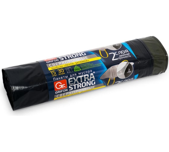 Пакеты для мусора EXTRA STRONG с завязками 30 л, 15 шт в рулоне GRIFON 101-074