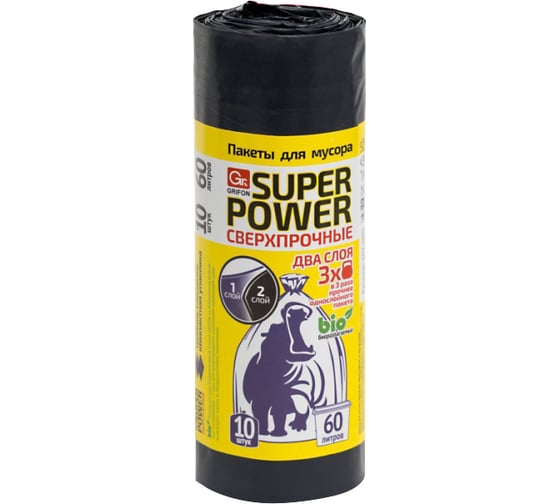 Пакеты для мусора SUPER POWER 60 л, 10 шт в рулоне GRIFON 101-090/1 1