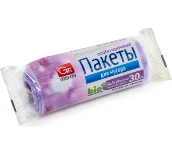 Пакеты для мусора Полевые цветы, 30 л, 20 шт в рулоне GRIFON 100-034