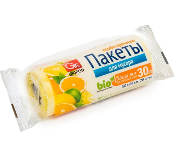 Пакеты для мусора Цитрусовый микс 30 л, 20 шт в рулоне GRIFON 100-033 1