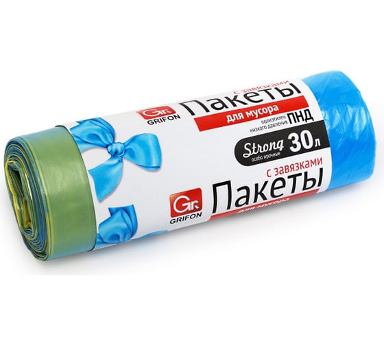 Пакеты для мусора с завязками 30 л, 10 шт в рулоне GRIFON 101-060/1 1
