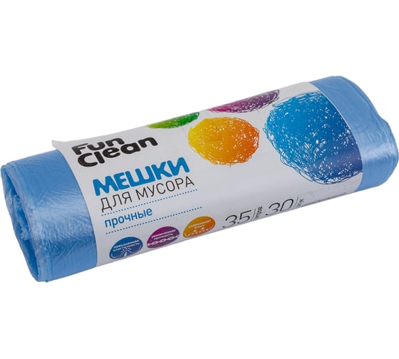 Мешки для мусора "Прочные" 35 л, 30 шт, голубые, ролик Fun Clean 7035