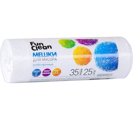 Мешки для мусора "Особо прочные" 35 л, 25 шт, белые, ролик Fun Clean 6397