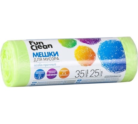 Мешки для мусора "Особо прочные" 35 л, 25 шт, салатовые, ролик Fun Clean 6849