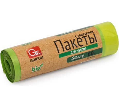 Пакеты для мусора с завязками 60 л, 15 шт в рулоне GRIFON 101-082/2