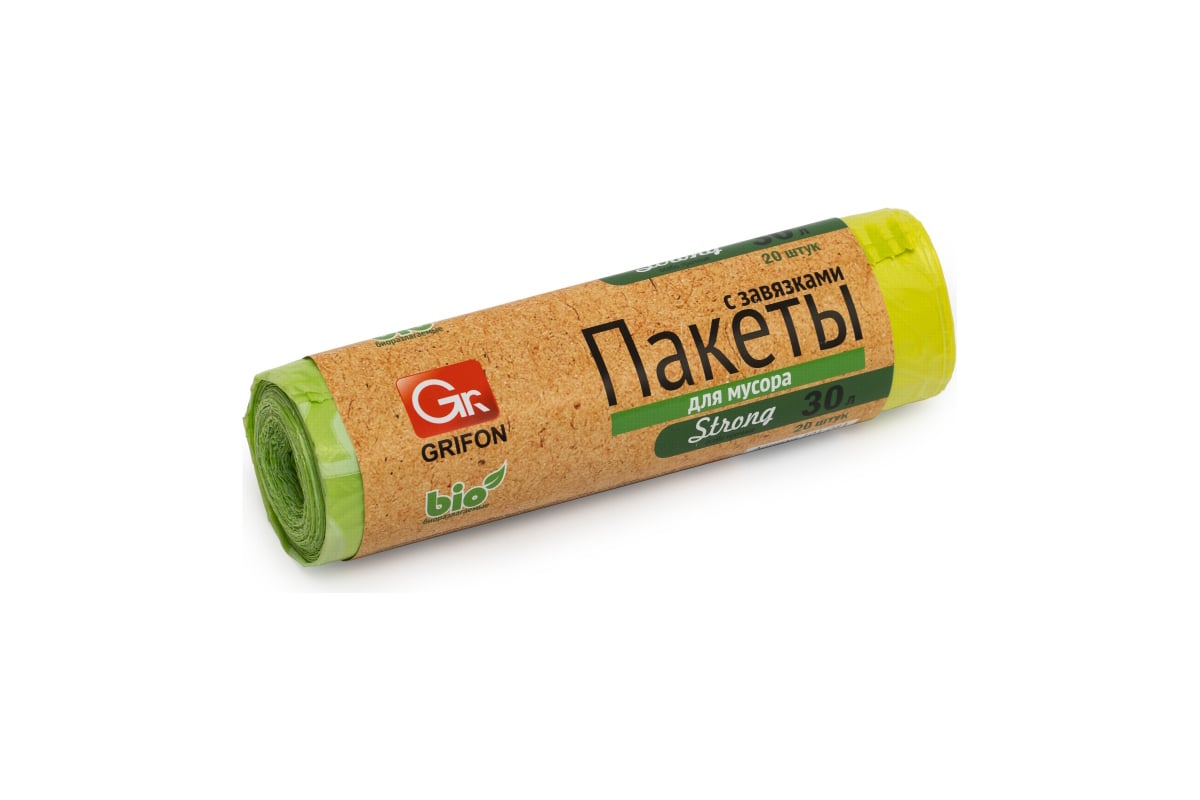 Пакеты для мусора с завязками 30 л, 20 шт в рулоне GRIFON 101-081/1 ...