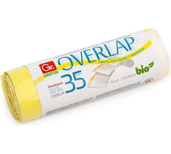 Пакеты для мусора с завязками OVER LAP 35 л, 15 шт в рулоне, 3 шт в упаковке GRIFON 101-097/1_3