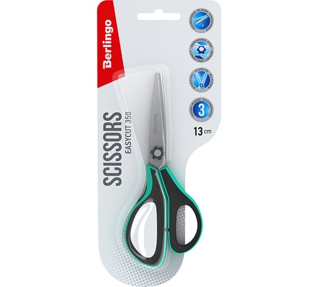 Ножницы Berlingo Easycut 350 13 см, бирюзовые, эргономичные ручки, мягкие вставки, европодвес DNn_13035_b