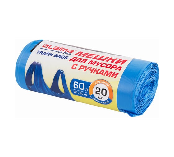 Мешки для мусора с ручками ULTRA (20 шт.; 60 л; синие; ПНД 15 мкм; 60x80 см) LAIMA 607691