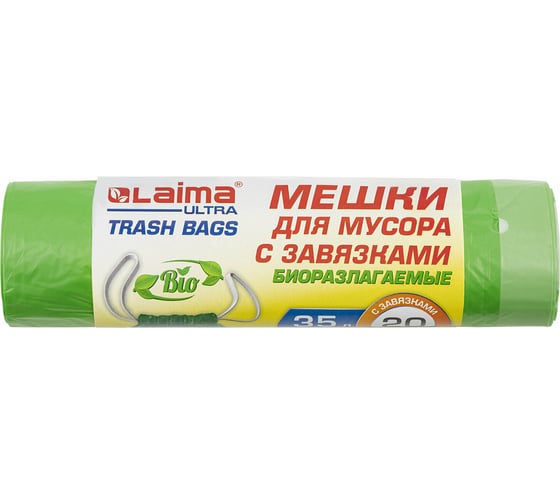 Мешки биоразлагаемые с завязками в рулоне для мусора Ultra 35 л, 20 шт, прочные, Пнд, 14 мкм, 50x60 см LAIMA 607688