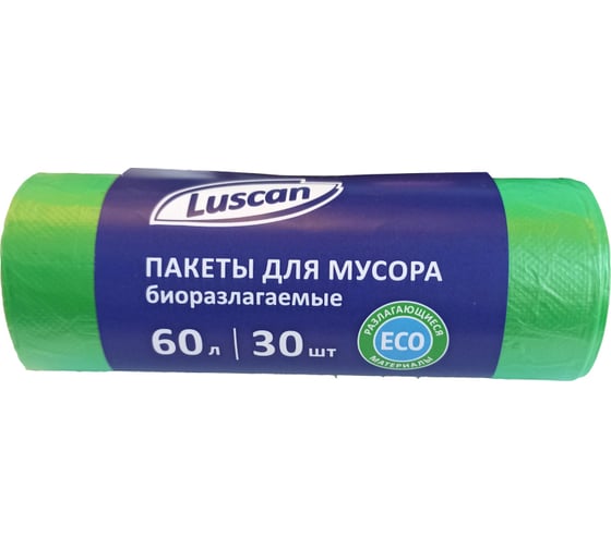 Мешки для мусора в рулоне (30 шт, 680х580 мм, 60 л, 12 мкм, ПНД, зеленые) Luscan 1541736