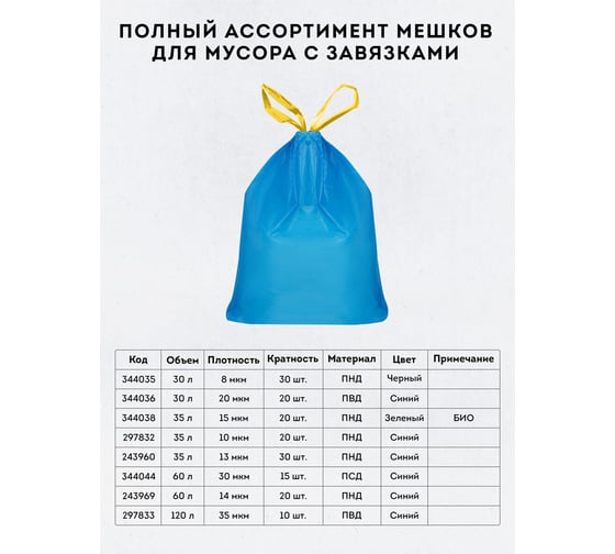 Мешки для мусора (60 л, псд, 600х700 мм, 30 мкм, 15 шт, особо прочные, синие, в рулоне, с завязками) OfficeClean 344044