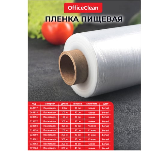 Пищевая пленка OfficeClean, пэ, 30см х 300м, белая, 15 мкм, вес 0,77 кг±5 % 328661