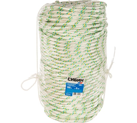 Плетёный капроновый 16-прядный фал с капроновым сердечником, диаметр 8мм, бухта 100м, 1000кгс СИБИН 50220-08