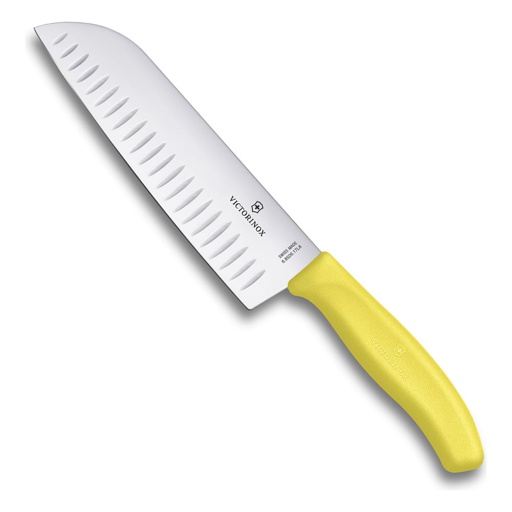 Желтый нож Santoku с рифленым лезвием 17 см в картонном блистере ...