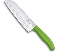 Зеленый нож Santoku с рифленым лезвием 17 см в картонном блистере Victorinox 6.8526.17L4B