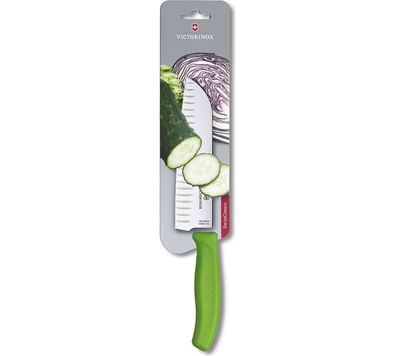 Зеленый нож Santoku с рифленым лезвием 17 см в картонном блистере Victorinox 6.8526.17L4B