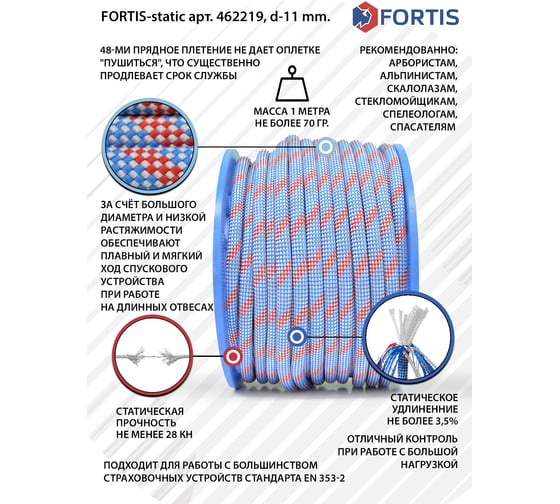 Высокопрочная статическая страховочная веревка АзотХимФортис FORTIS-static ПА, диаметр 11 мм, 48 прядей, кН28, Тип А 462219-200