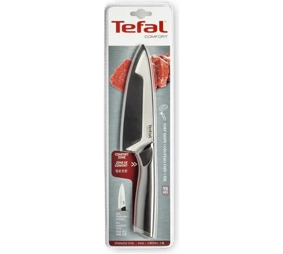 Кухонный нож TEFAL K2213104 2100121736 стальной шеф лезвие 150 мм прямая заточка серебристый/черный п 1839883