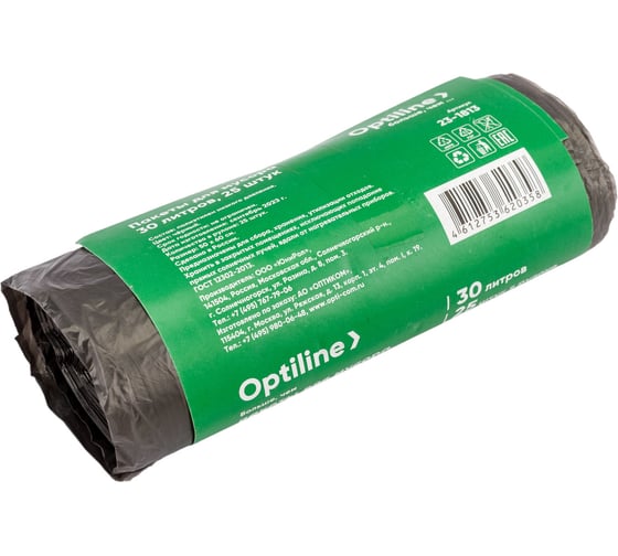 Пакеты для мусора, ПНД, 50x60 см, 8 мкм, 30 л, 25 шт. в рулоне Optiline 23-1813