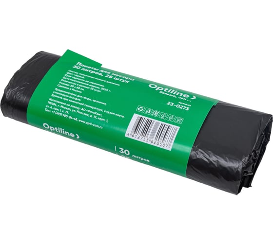 Пакеты для мусора ПНД 50x60 см, 30 л, черные, в рулоне 25 шт. Optiline 23-0273
