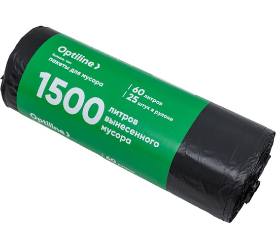 Пакеты для мусора ПНД 60x80 см, 60 л, черные, в рулоне 25 шт. Optiline 23-0274