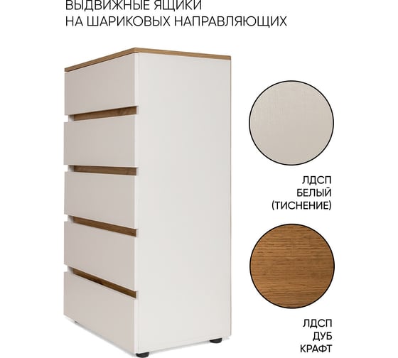 Комод DOMA ЛОТОС 600 5 ящиков, белый (тиснение)/дуб крафт 1127014