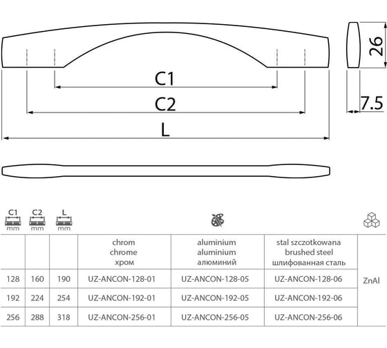 Ручка GTV ANCONA 128 мм, хром UZ-ANCON-128-01