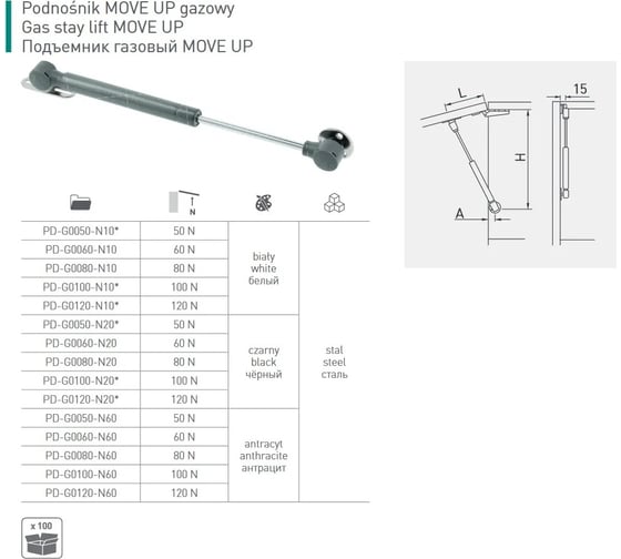 Газовый подъемник для фасадов GTV MOVE UP 6 кг, антрацит PD-G0060-N60
