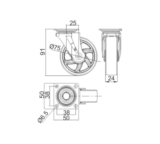 Мебельное колесо GTV КМ-В075-00 прозрачное, d-75, нагрузка 40 кг KM-B075MM-00