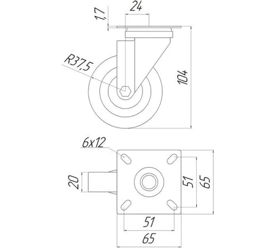 Мебельное колесо GTV GREYROLL, d-75 мм, серое, без стопора KM-GREYROLL-75MM-BH