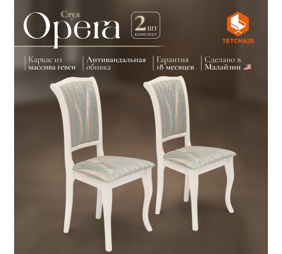 Стул Tetchair opera 2 шт. (op-sc), дерево гевея, 45x53x97 см, ivory white (слоновая кость 2-5), ткань бирюзовая (h180-19) 12528