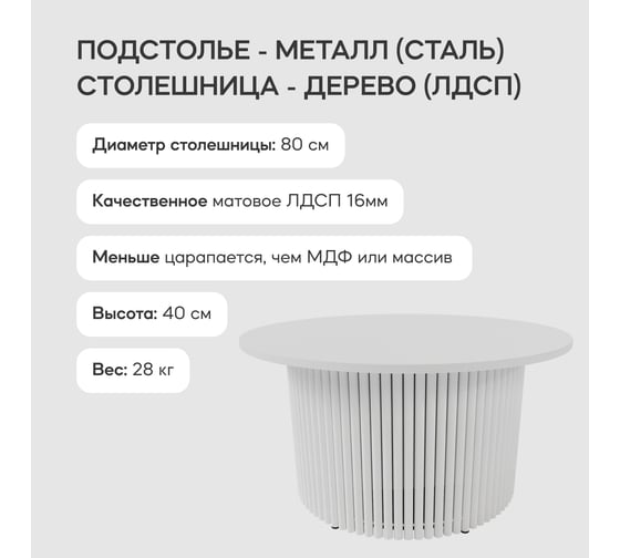 Журнальный стол GENGLASS круглый с металлическим подстольем 600x600 мм, TRUBIS Wood, белое подстолье, белая столешница 80 см GGT-03-3-3-M-80