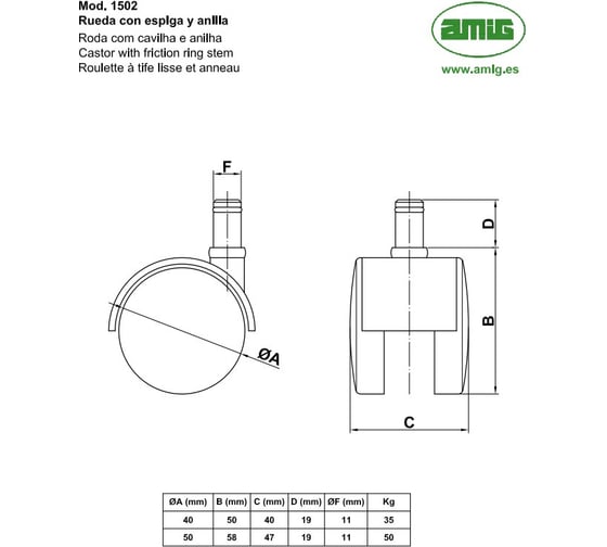 Колесо Amig мод.1502, D50 мм, ось D11 х 19 мм 1502-50
