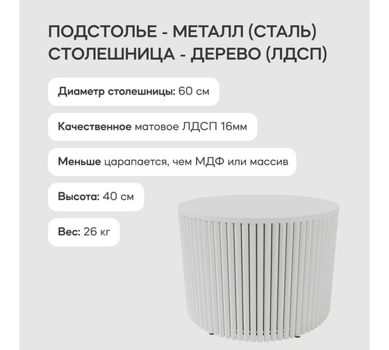 Журнальный стол GENGLASS круглый с металлическим подстольем 600x600 мм, TRUBIS Wood, белое подстолье, белая столешница 60 см GGT-03-3-3-M-60