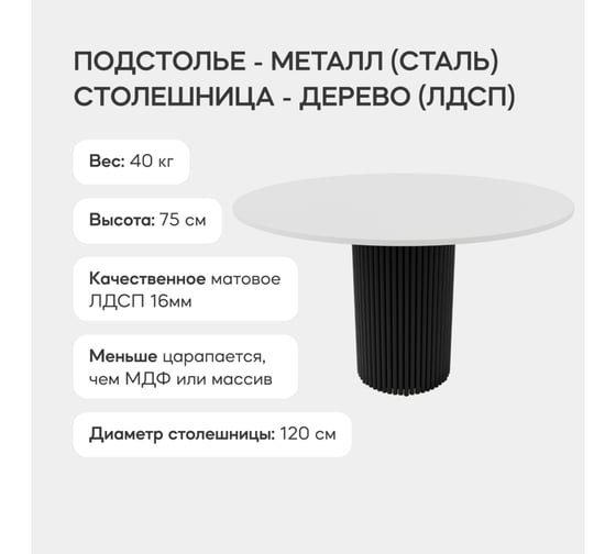 Обеденный стол GENGLASS круглый с металлическим подстольем 400x400 мм, TRUBIS Wood, черное подстолье, белая столешница 120 см GGT-03-2-3-L-120