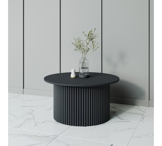 Журнальный стол GENGLASS круглый с металлическим подстольем 600x600 мм, TRUBIS Wood G, черное подстолье, черная столешница 80 см GGT-03-2-2-M-80