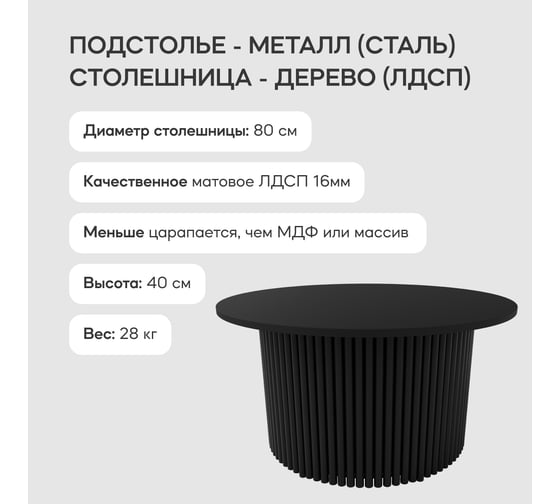 Журнальный стол GENGLASS круглый с металлическим подстольем 600x600 мм, TRUBIS Wood G, черное подстолье, черная столешница 80 см GGT-03-2-2-M-80