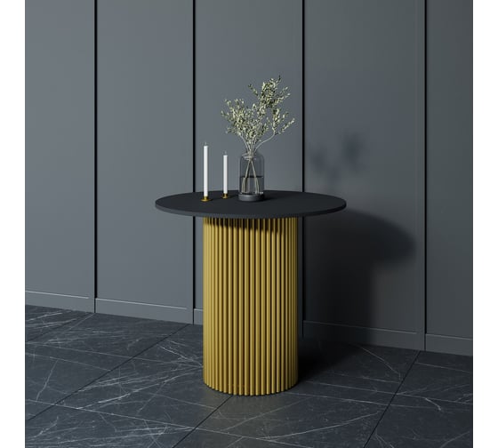 Обеденный стол GENGLASS круглый с металлическим подстольем 400x400 мм, TRUBIS Wood, золотое подстолье, черная столешница 80 см GGT-03-1-2-L-80 1