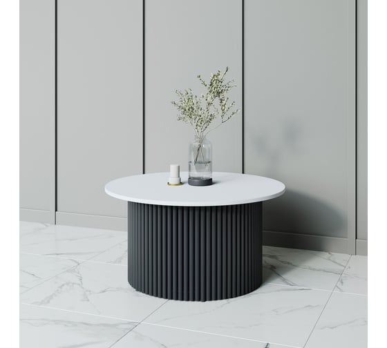 Журнальный стол GENGLASS круглый с металлическим подстольем 600x600 мм, TRUBIS Wood, черное подстолье, белая столешница 80 см GGT-03-2-3-M-80