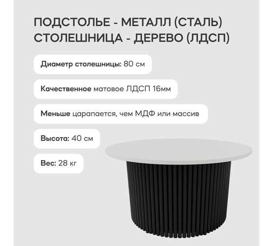 Журнальный стол GENGLASS круглый с металлическим подстольем 600x600 мм, TRUBIS Wood, черное подстолье, белая столешница 80 см GGT-03-2-3-M-80