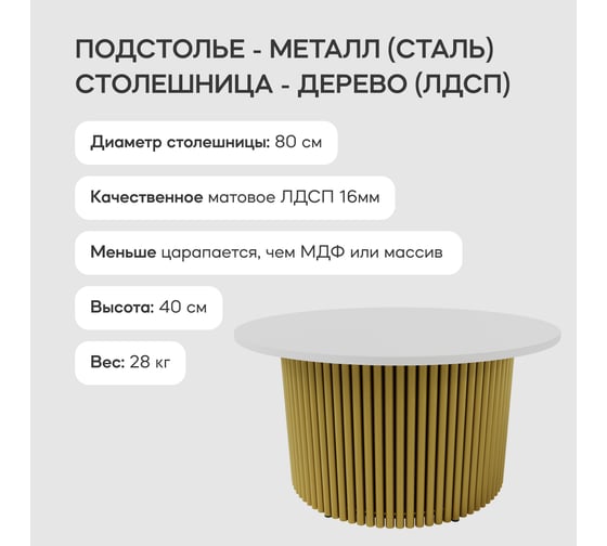 Журнальный стол GENGLASS круглый с металлическим подстольем 600x600 мм, TRUBIS Wood, золотое подстолье, белая столешница 80 см GGT-03-1-3-M-80