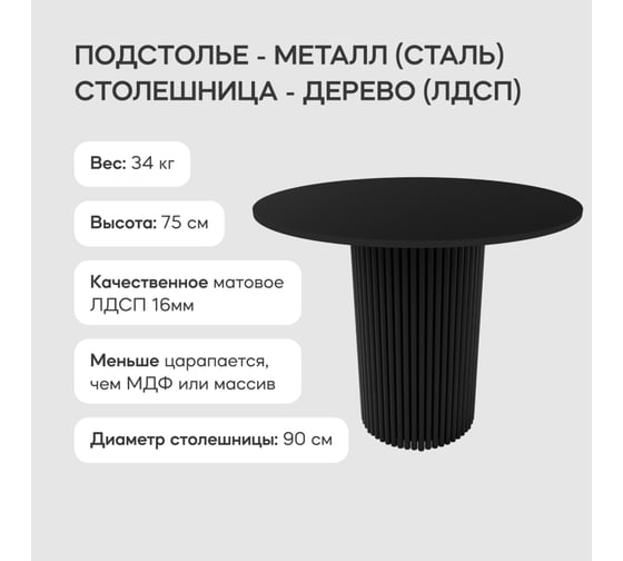 Обеденный стол GENGLASS круглый с металлическим подстольем 400x400 мм, TRUBIS Wood, черное подстолье, черная столешница 90 см GGT-03-2-2-L-90