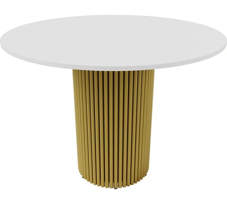 Обеденный стол GENGLASS круглый с металлическим золотым подстольем и белой столешницей TRUBIS Wood GGT-03-1-3-L-100
