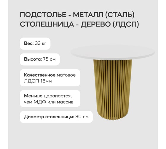 Обеденный стол GENGLASS круглый с металлическим подстольем 400x400 мм, TRUBIS Wood, золотое подстолье, белая столешница 80 см GGT-03-1-3-L-80