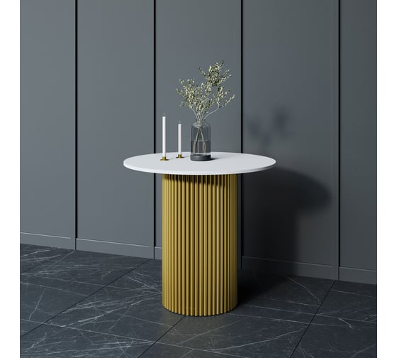 Обеденный стол GENGLASS круглый с металлическим подстольем 400x400 мм, TRUBIS Wood, золотое подстолье, белая столешница 80 см GGT-03-1-3-L-80
