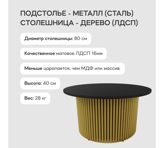 Журнальный стол GENGLASS круглый с металлическим подстольем 800x800 мм, TRUBIS Wood, золотое подстолье, черная столешница 80 см GGT-03-1-2-M-80