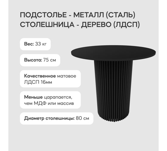 Обеденный стол GENGLASS круглый с металлическим подстольем 400x400 мм, TRUBIS Wood, черное подстолье, черная столешница 80 см GGT-03-2-2-L-80