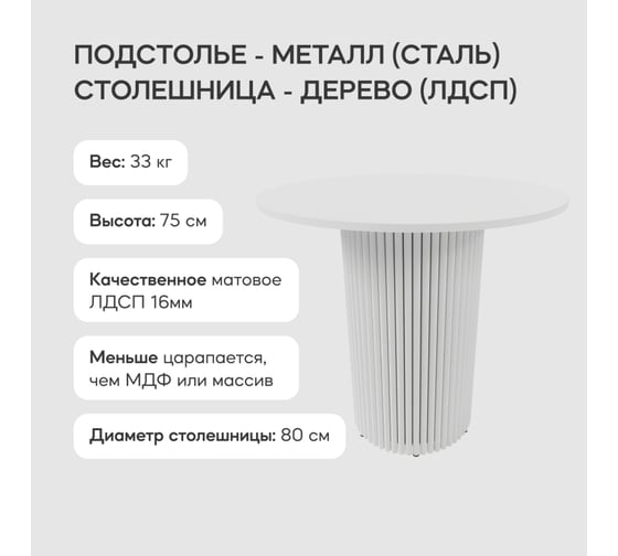 Обеденный стол GENGLASS круглый с металлическим подстольем 400x400 мм, TRUBIS Wood, белое подстолье, белая столешница 80 см GGT-03-3-3-L-80