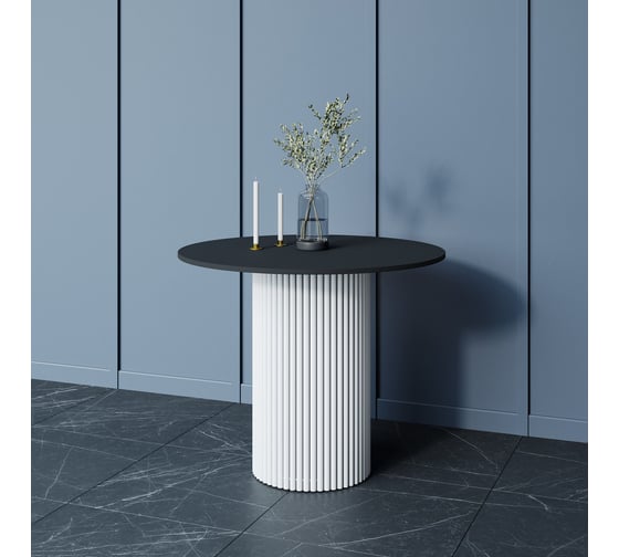 Обеденный стол GENGLASS круглый с металлическим подстольем 400x400 мм, TRUBIS Wood, белое подстолье, черная столешница 90 см GGT-03-3-2-L-90